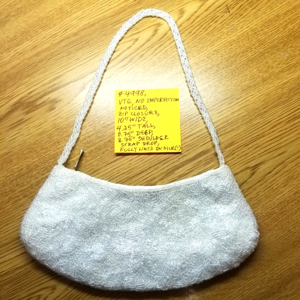 #4998 VTG White Hand Beaded Silk Lined   Purse Handbag